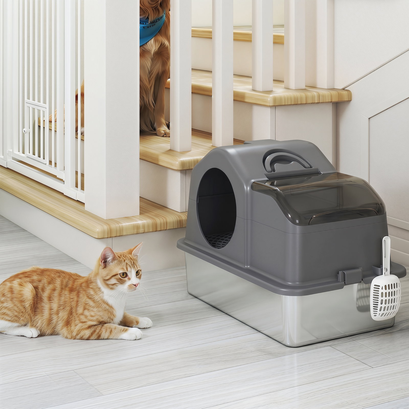 Caixa de areia fechada para gatos com bandeja em aço inoxidável, tampa superior e entrada frontal, cinzento escuro