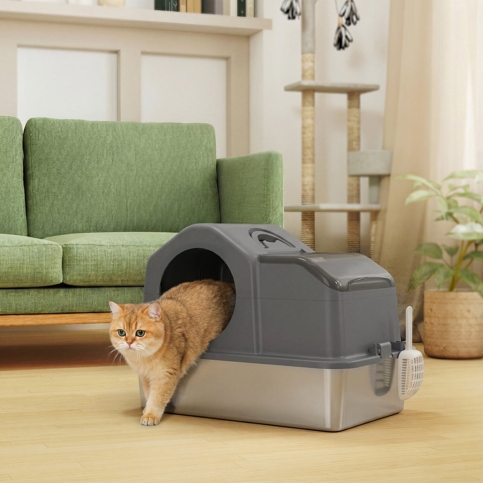 Caixa de areia fechada para gatos com bandeja em aço inoxidável, tampa superior e entrada frontal, cinzento escuro