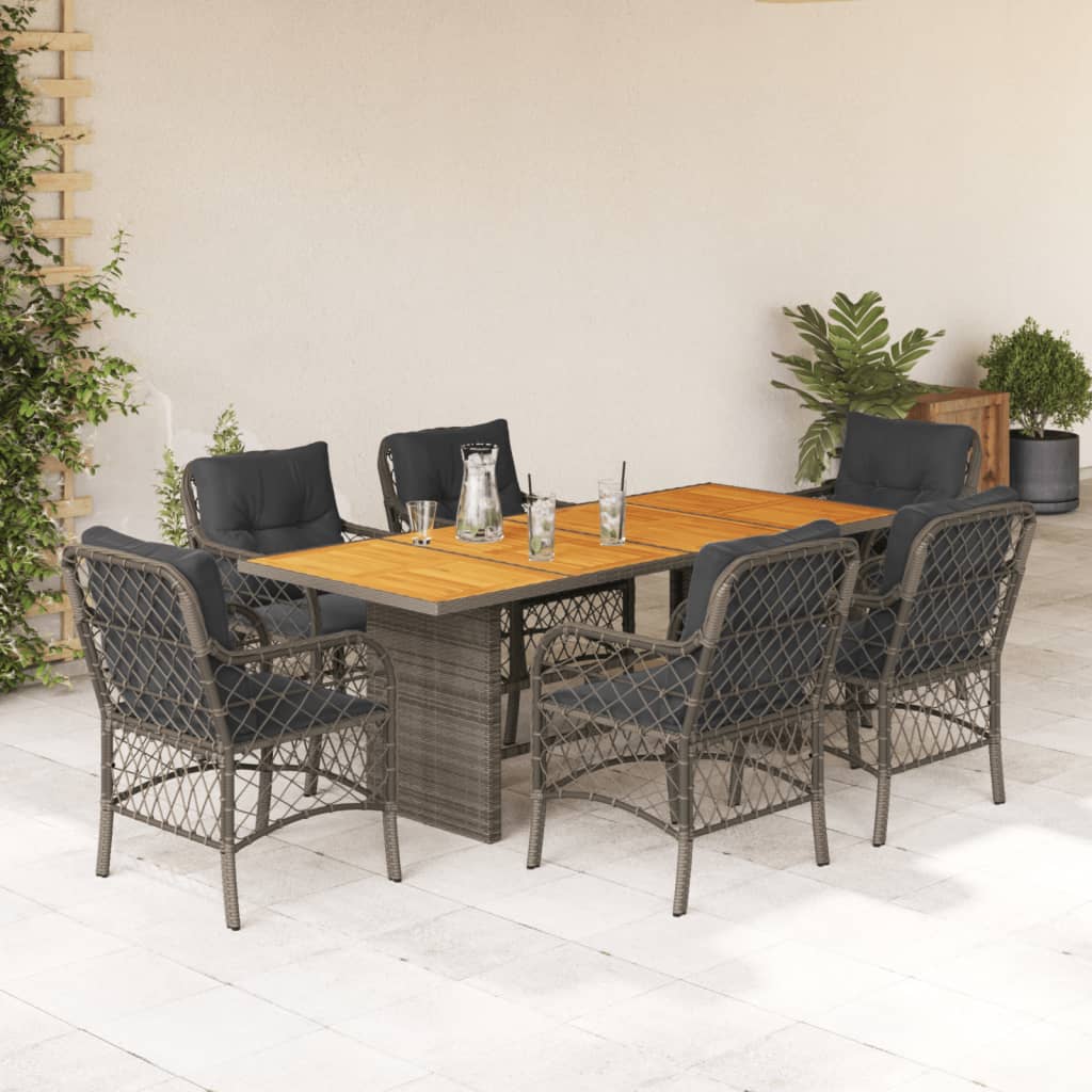 7 Pcs conjunto de jantar p/ jardim c/ almofadões vime PE cinza