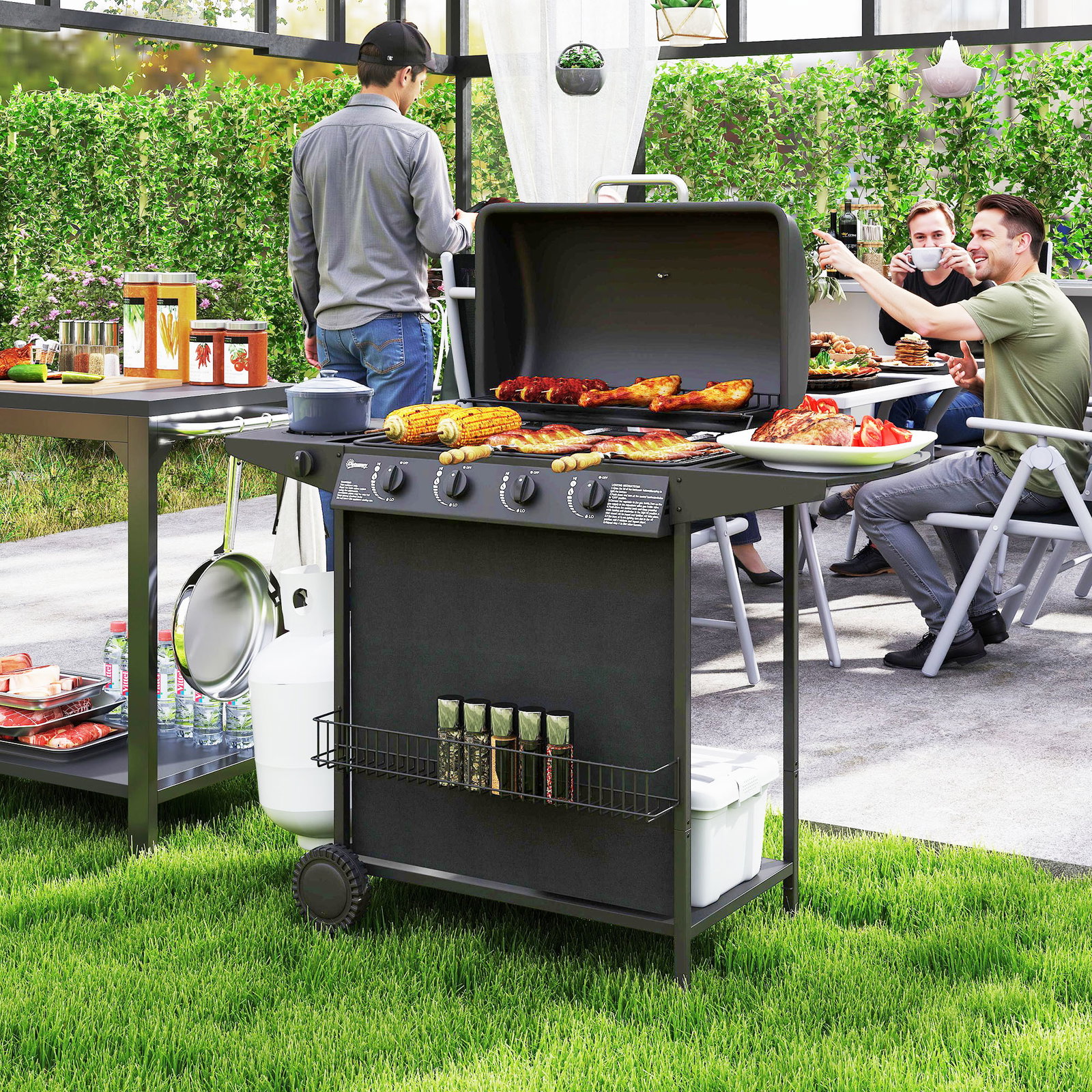 Barbecue a gás com 4+1 queimadores 12 kw termómetro mesa lateral grelha recolhedor de gordura 2 rodas 121x54x97 cm preto