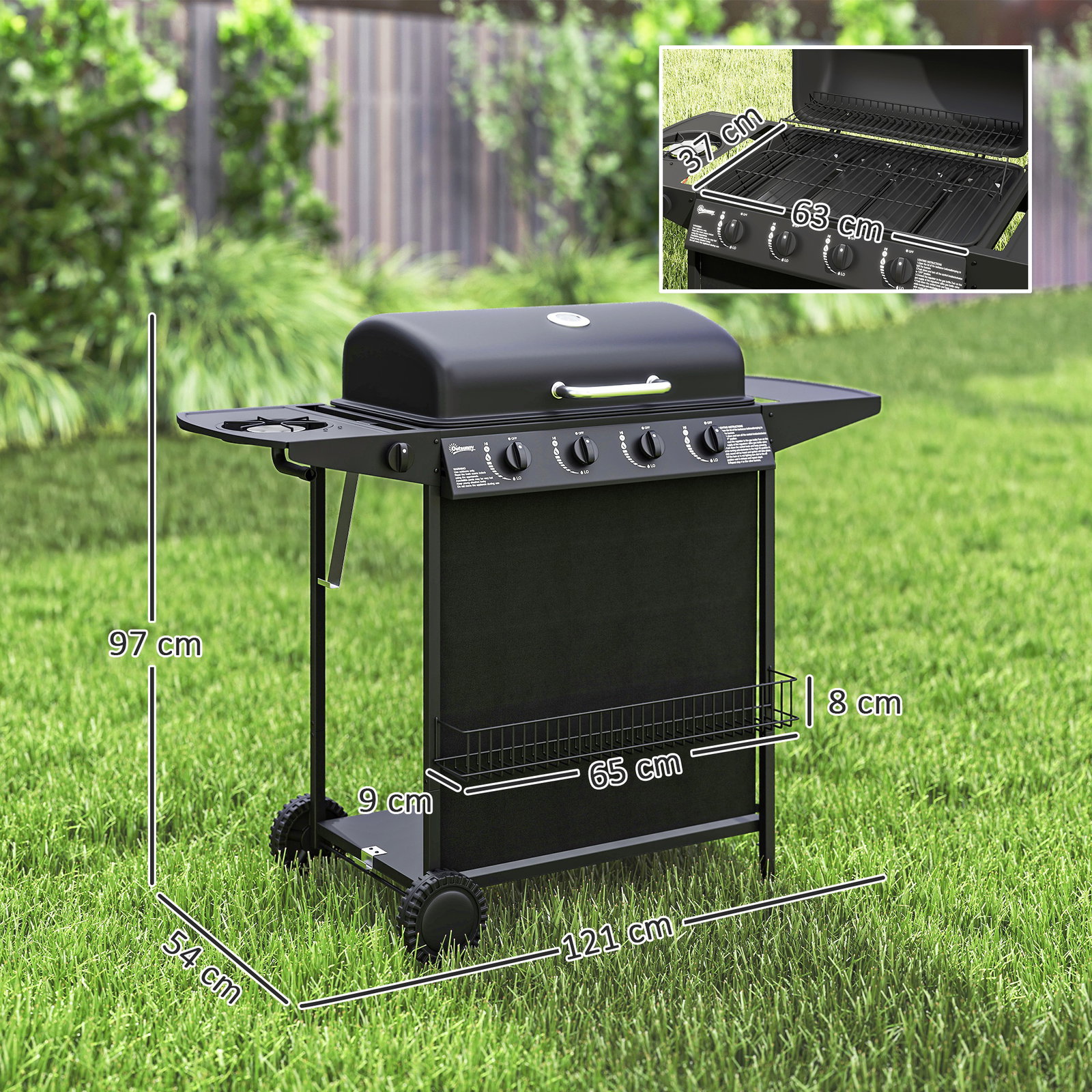 Barbecue a gás com 4+1 queimadores 12 kw termómetro mesa lateral grelha recolhedor de gordura 2 rodas 121x54x97 cm preto