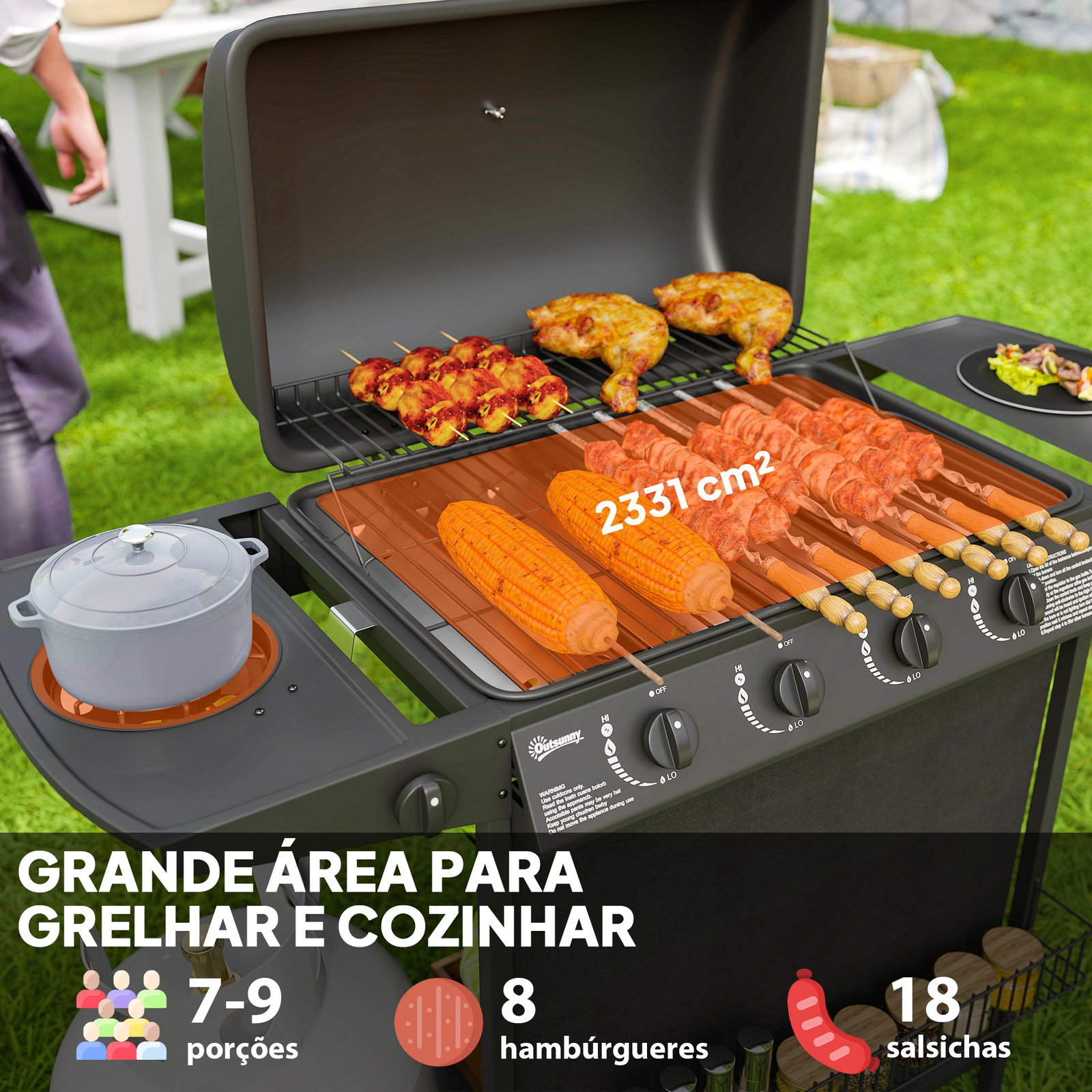 Barbecue a gás com 4+1 queimadores 12 kw termómetro mesa lateral grelha recolhedor de gordura 2 rodas 121x54x97 cm preto