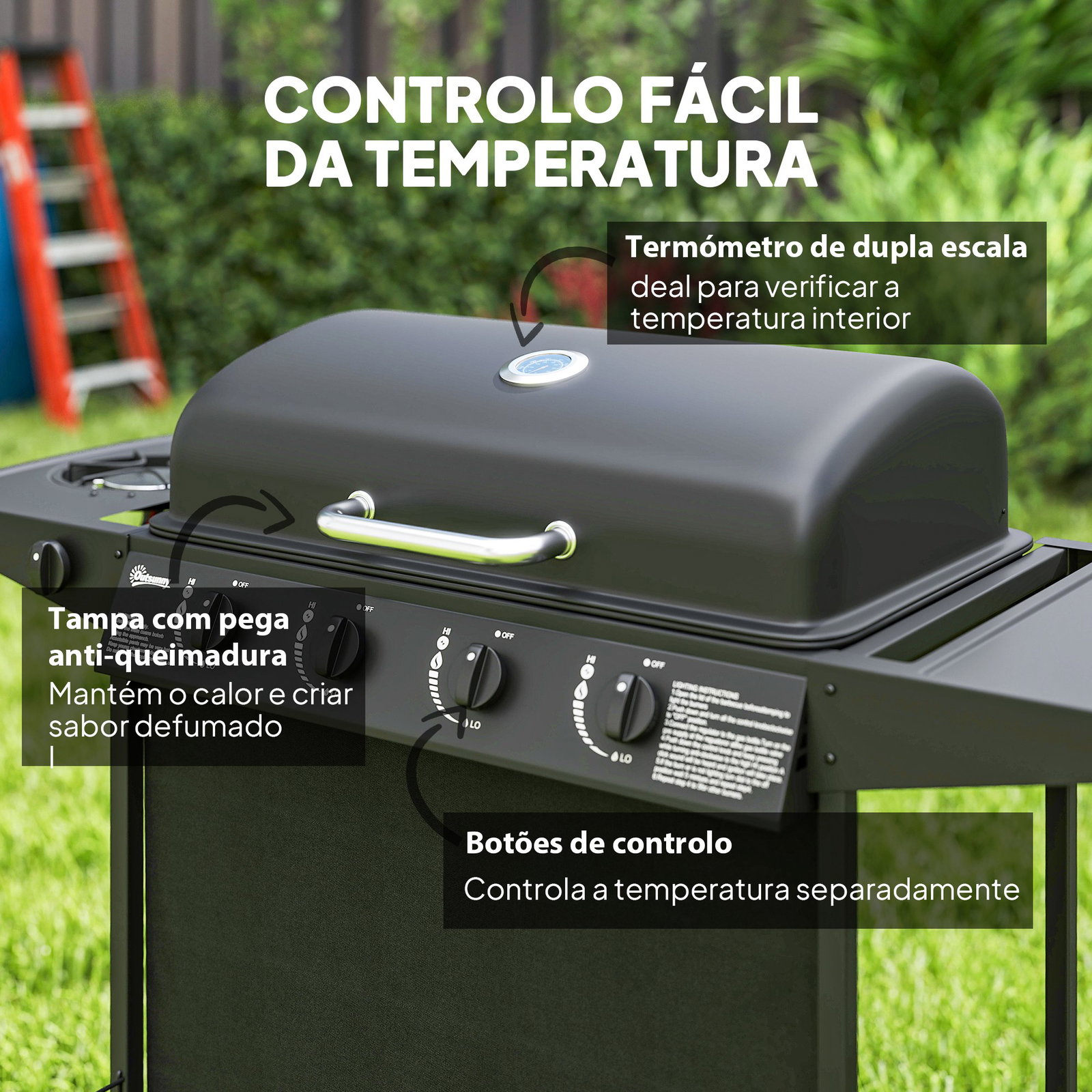 Barbecue a gás com 4+1 queimadores 12 kw termómetro mesa lateral grelha recolhedor de gordura 2 rodas 121x54x97 cm preto