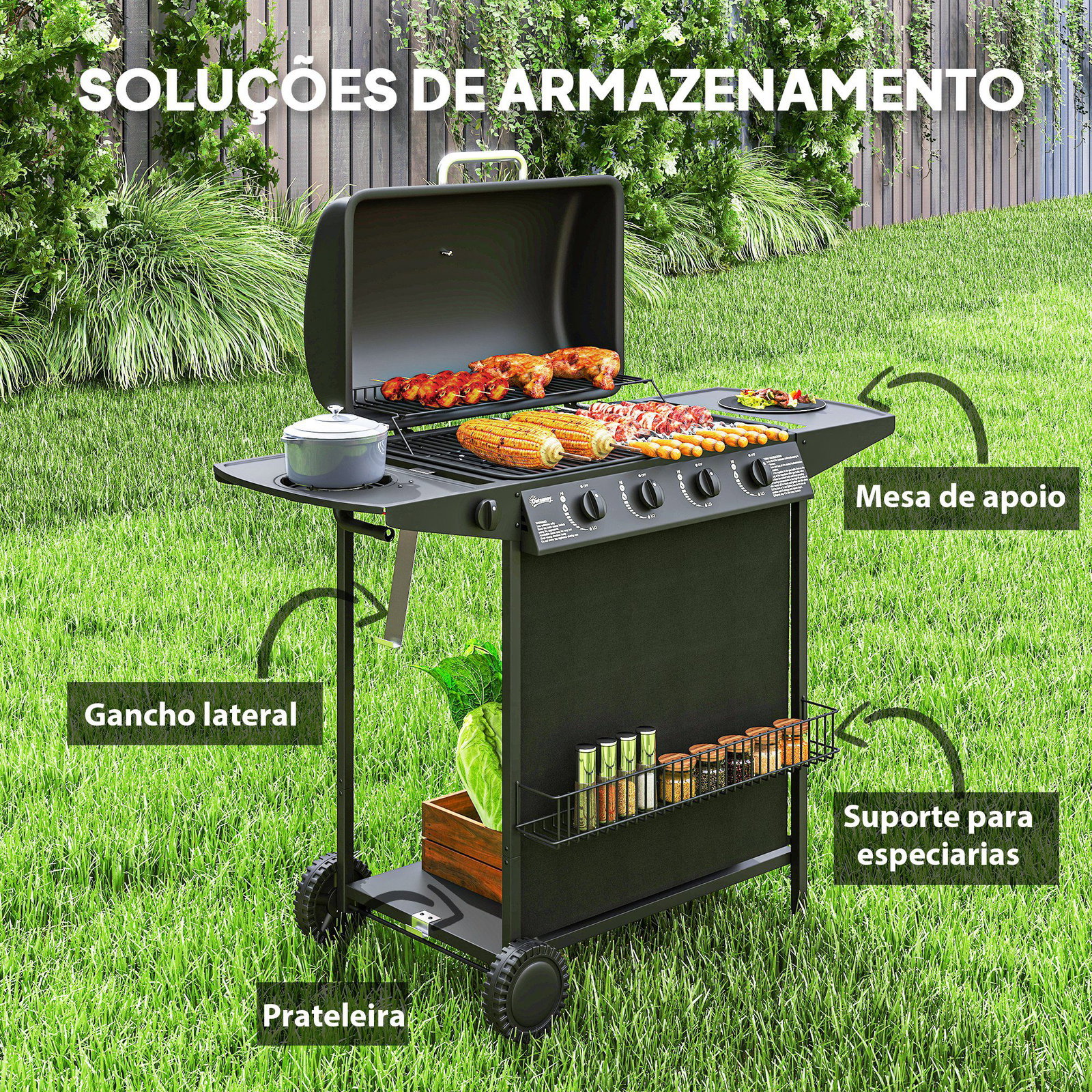 Barbecue a gás com 4+1 queimadores 12 kw termómetro mesa lateral grelha recolhedor de gordura 2 rodas 121x54x97 cm preto