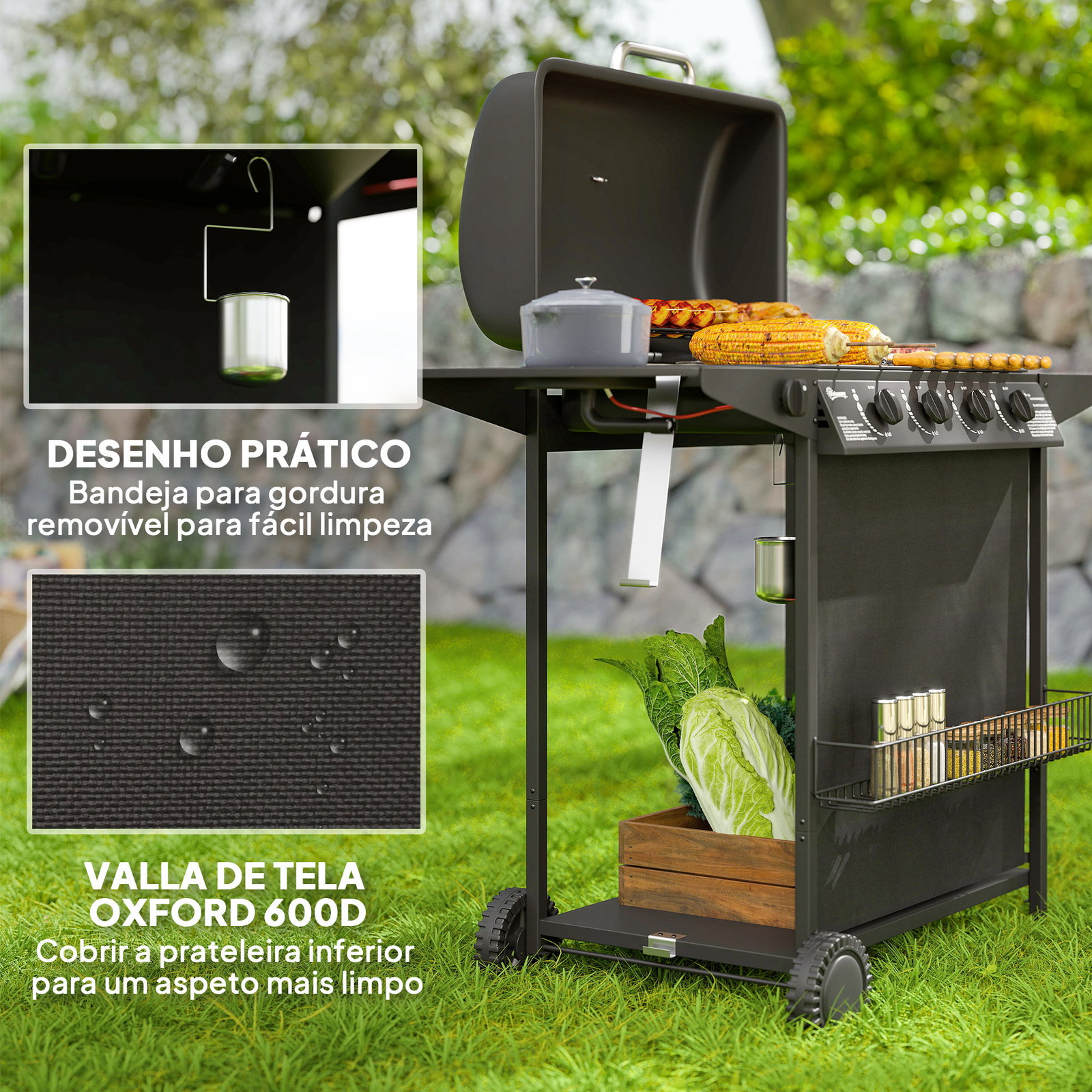 Barbecue a gás com 4+1 queimadores 12 kw termómetro mesa lateral grelha recolhedor de gordura 2 rodas 121x54x97 cm preto