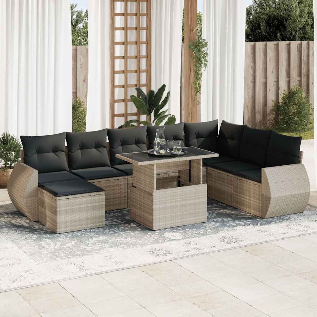 9 Pcs conj. sofás jardim com almofadões vime PE cinzento-claro
