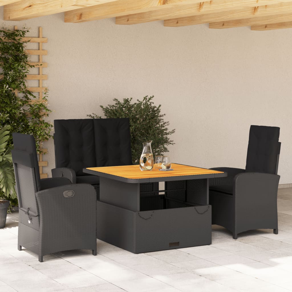 4 Pcs conjunto de jardim p/ jardim c/ almofadões vime PE preto