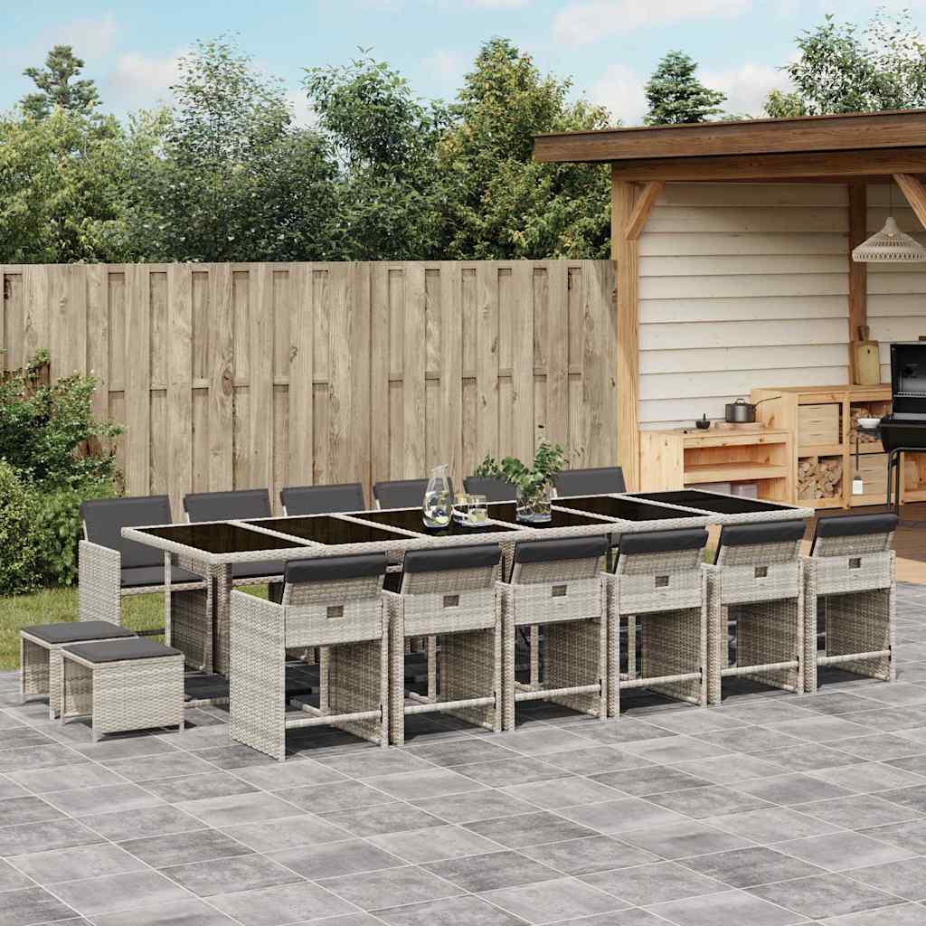 17 Pcs conj. jantar jardim c/ almofadões vime PE cinzento-claro