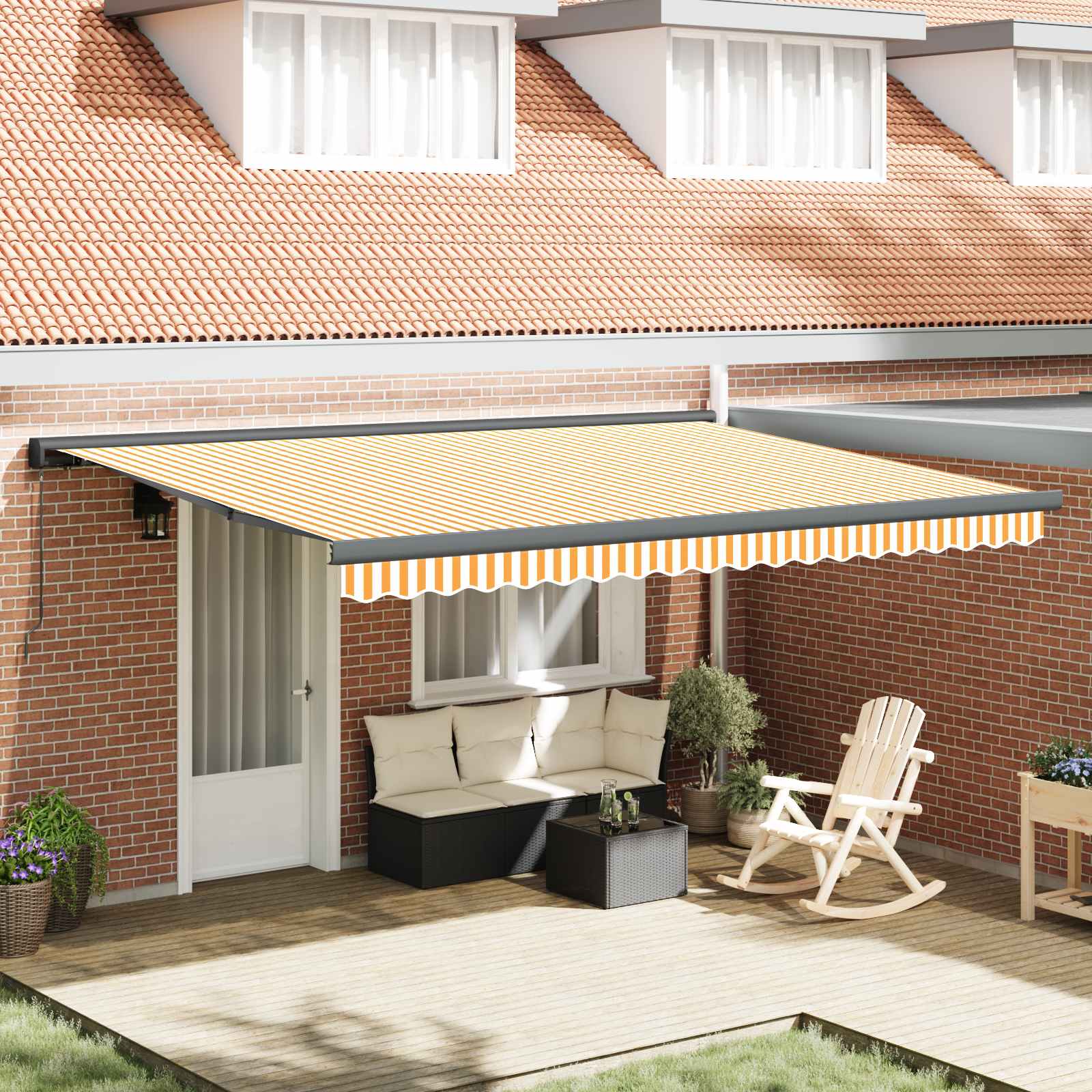 | Toldo retrátil | azul e branco com estrutura branca 4 × 3 m