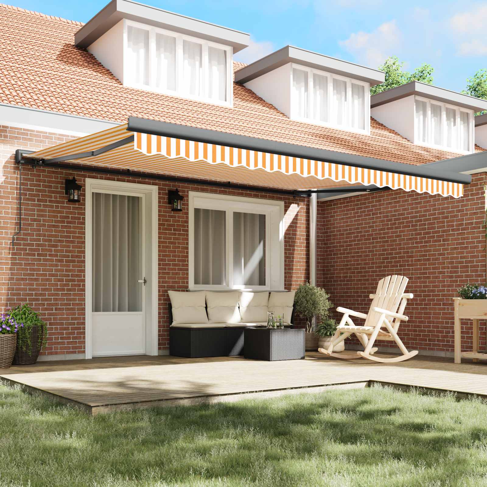 | Toldo retrátil | azul e branco com estrutura branca 4 × 3 m