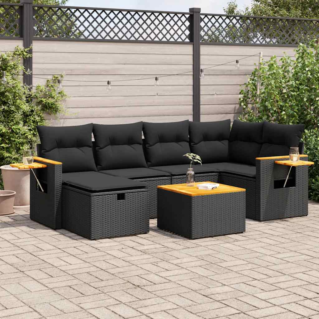 7 Pcs conjunto de sofás p/ jardim c/ almofadões vime PE preto