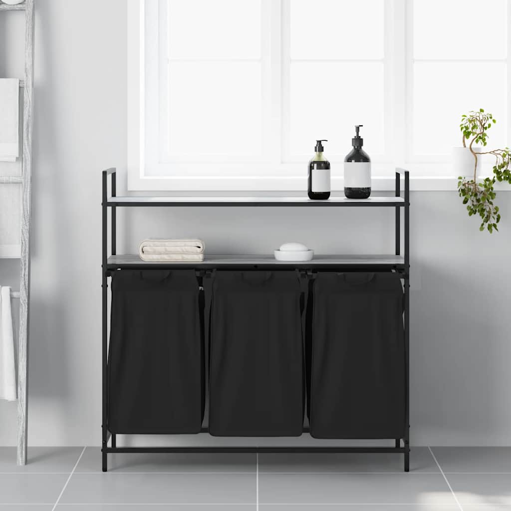 Cesto de roupa suja com 3 compartimentos e prateleiras, cinza, modelo sonoma