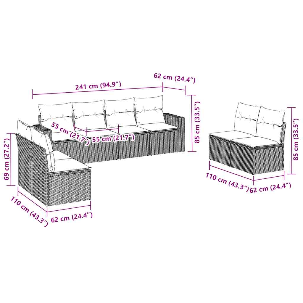 8 Pcs conjunto sofás de jardim c/ almofadões vime PE castanho