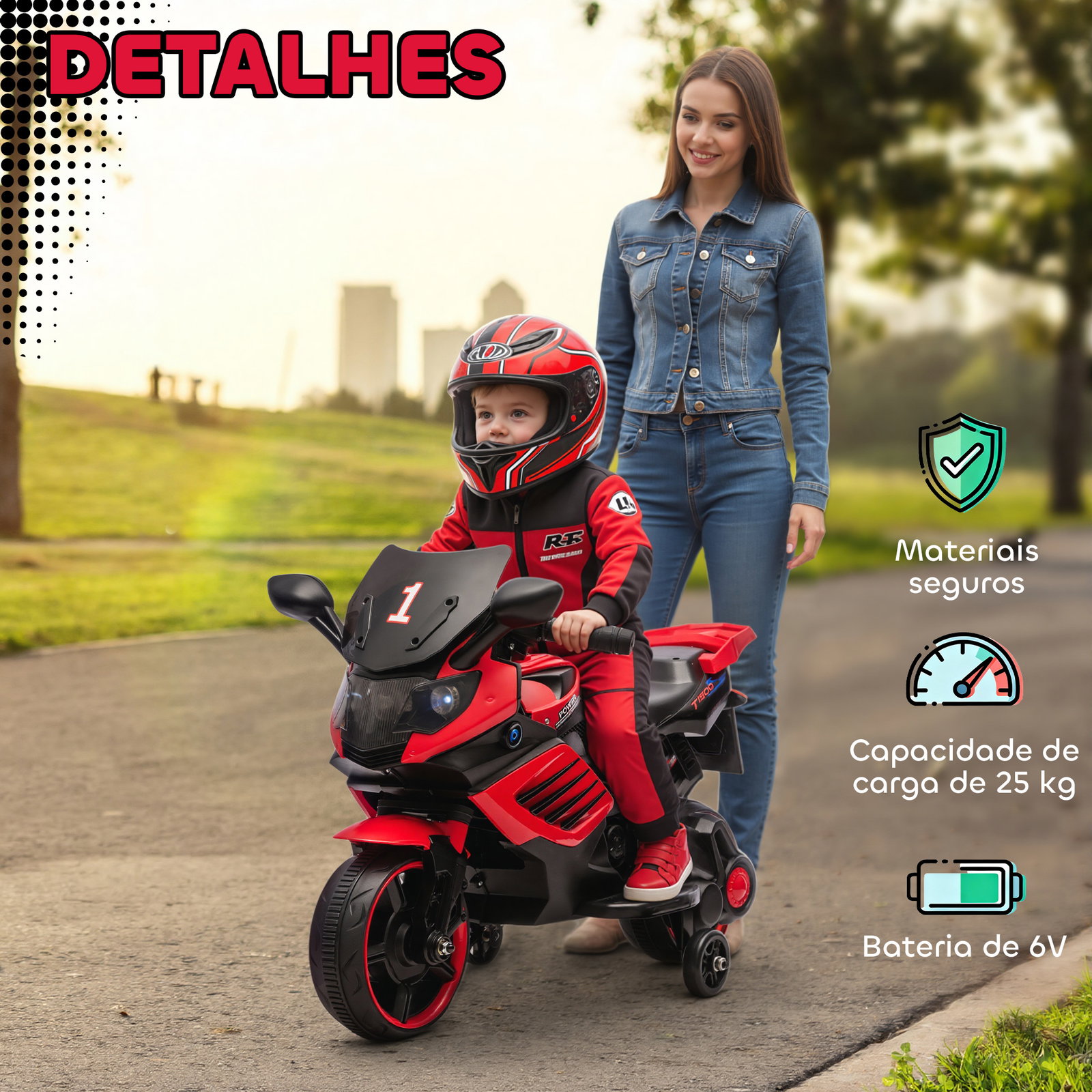 Mota elétrica para crianças 6v com rodas de apoio música e farol para crianças de 18-36 meses 77x38x50 cm vermelho