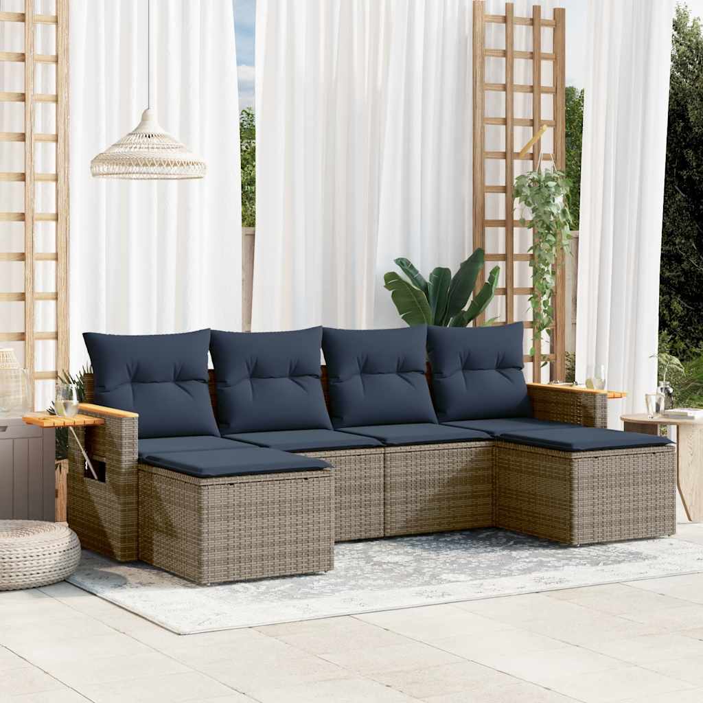6 Pcs conjunto sofás p/ jardim c/ almofadões vime PE cinzento