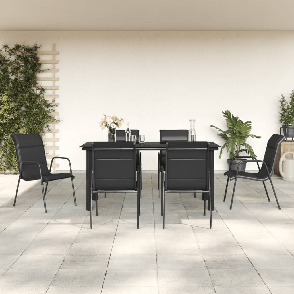 7 Pcs conjunto de jantar para jardim aço e textilene preto