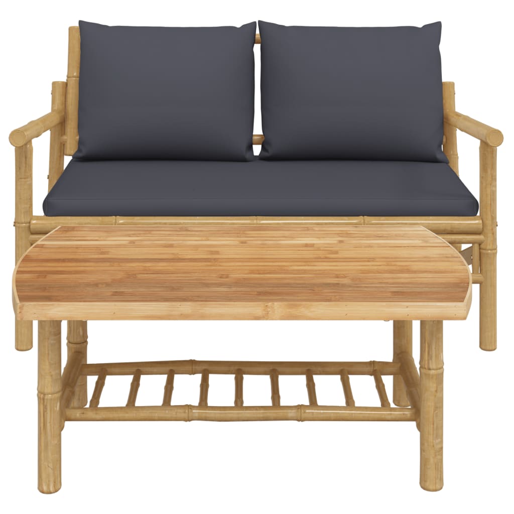 2Pcs conj. lounge de jardim bambu c/ almofadões cinzento-escuro