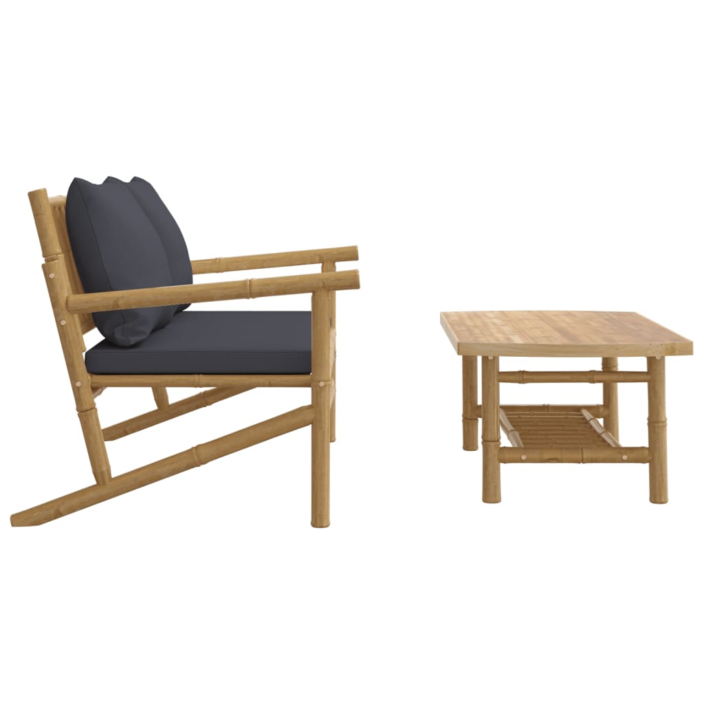 2Pcs conj. lounge de jardim bambu c/ almofadões cinzento-escuro