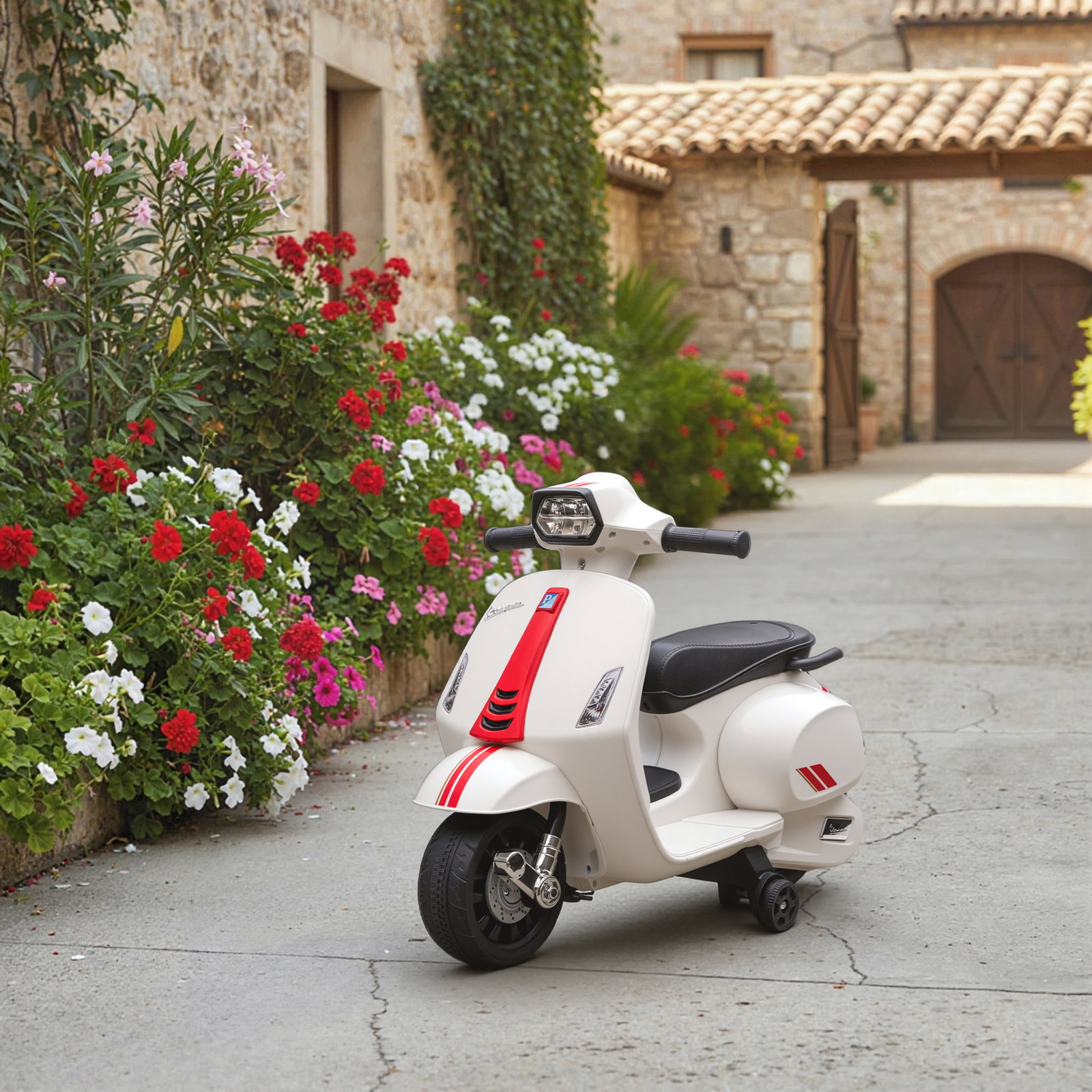 Mota elétrica para crianças 6v com licença vespa rodas auxiliares velocidade de 2,5km/h farol e buzina 71x37x52 cm branco