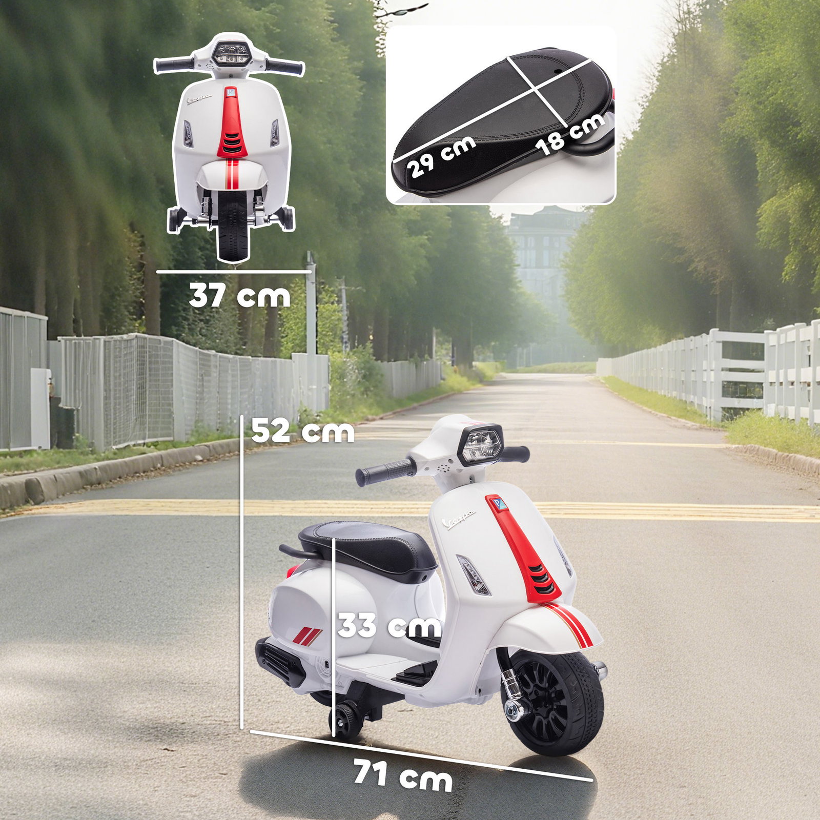 Mota elétrica para crianças 6v com licença vespa rodas auxiliares velocidade de 2,5km/h farol e buzina 71x37x52 cm branco