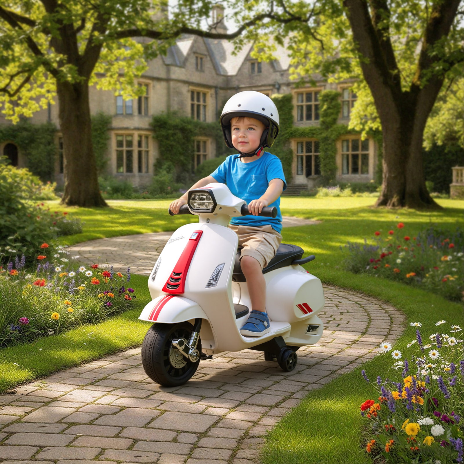 Mota elétrica para crianças 6v com licença vespa rodas auxiliares velocidade de 2,5km/h farol e buzina 71x37x52 cm branco