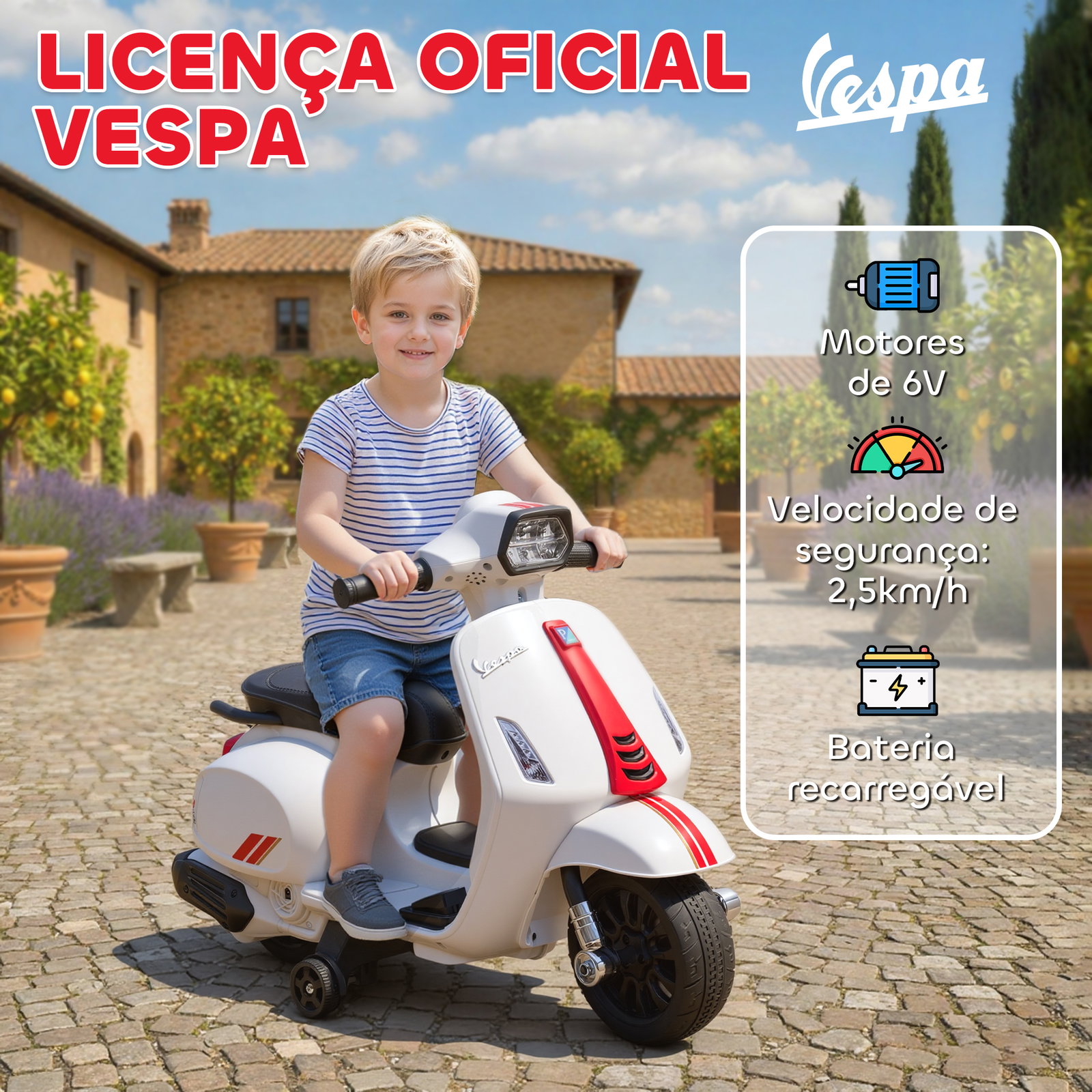 Mota elétrica para crianças 6v com licença vespa rodas auxiliares velocidade de 2,5km/h farol e buzina 71x37x52 cm branco