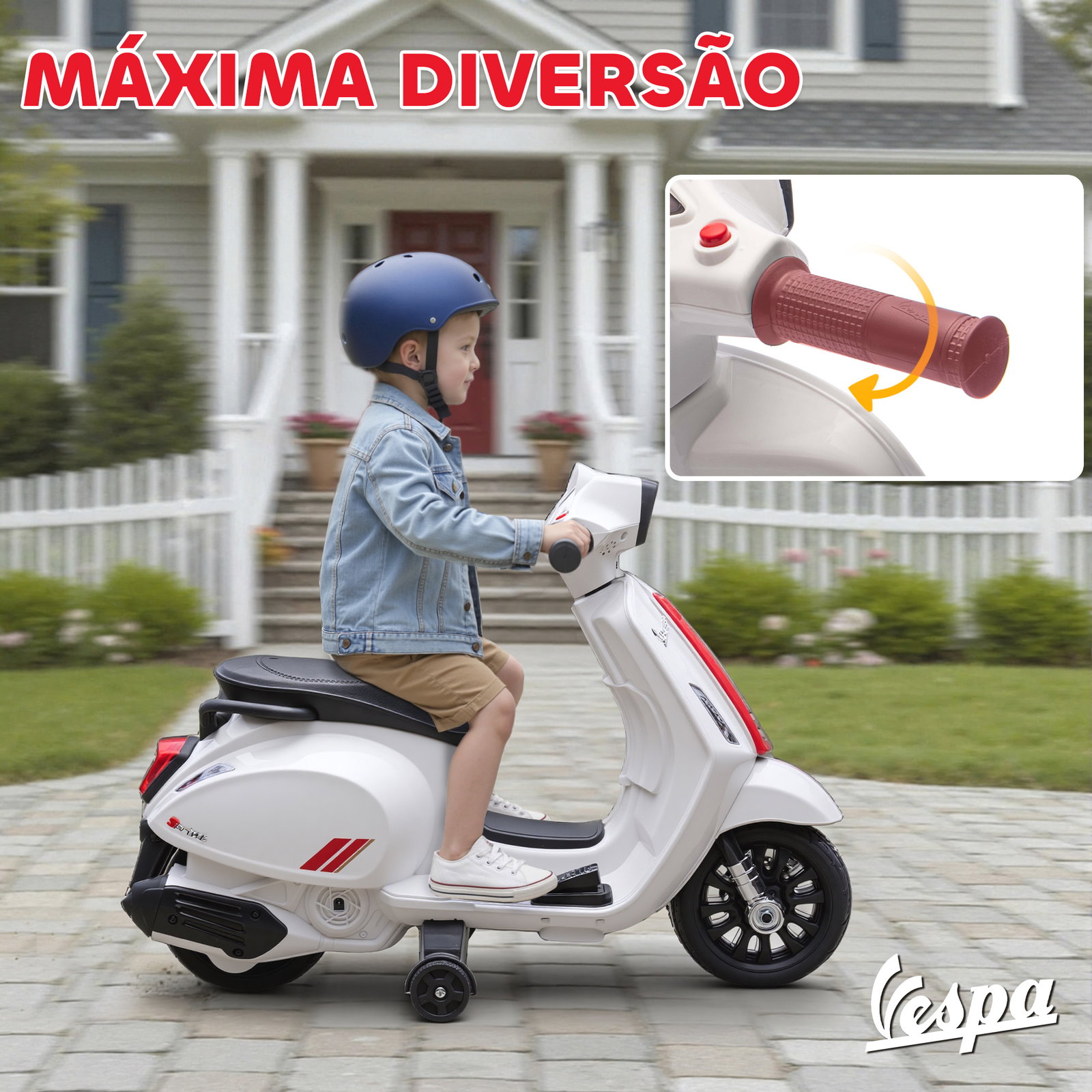 Mota elétrica para crianças 6v com licença vespa rodas auxiliares velocidade de 2,5km/h farol e buzina 71x37x52 cm branco