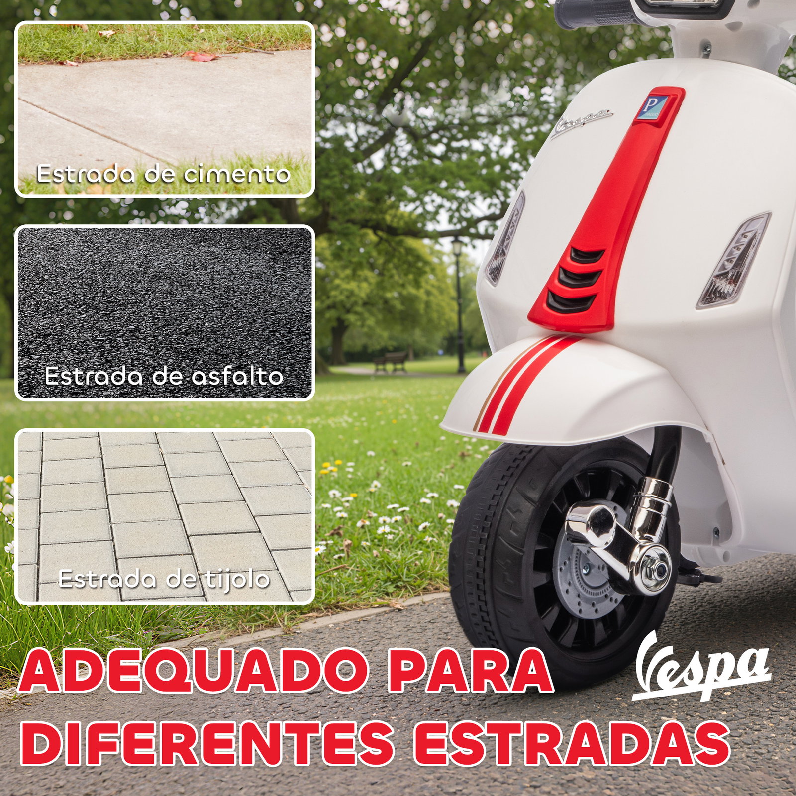 Mota elétrica para crianças 6v com licença vespa rodas auxiliares velocidade de 2,5km/h farol e buzina 71x37x52 cm branco
