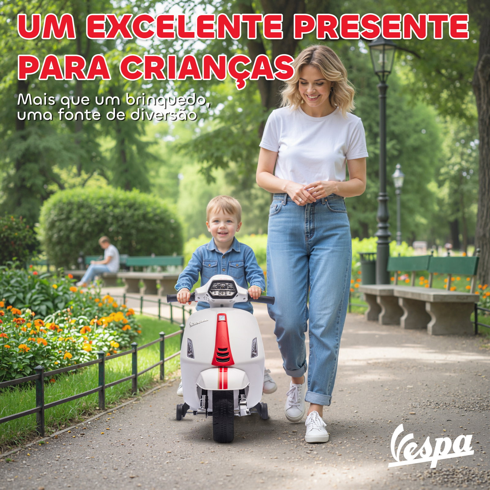 Mota elétrica para crianças 6v com licença vespa rodas auxiliares velocidade de 2,5km/h farol e buzina 71x37x52 cm branco