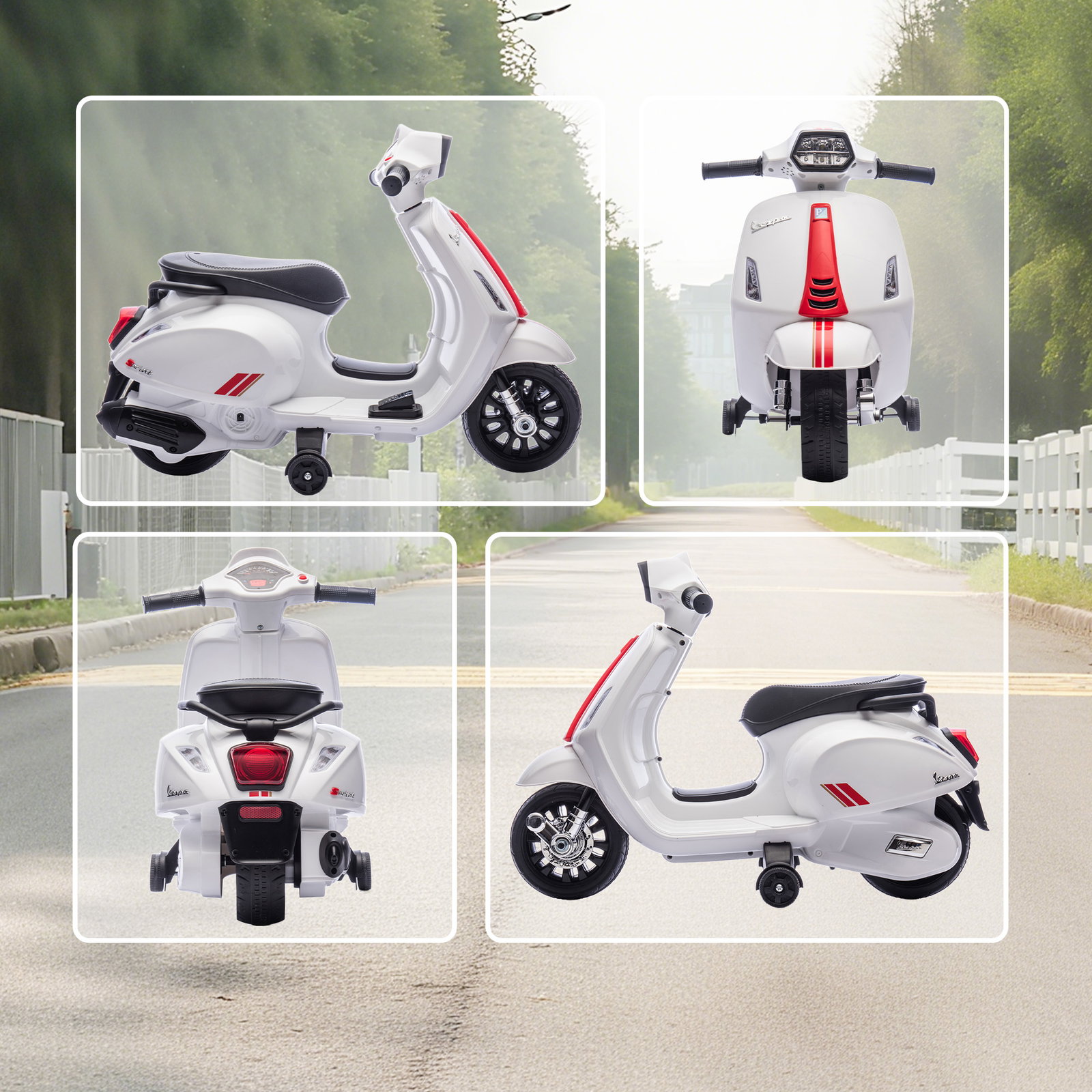 Mota elétrica para crianças 6v com licença vespa rodas auxiliares velocidade de 2,5km/h farol e buzina 71x37x52 cm branco