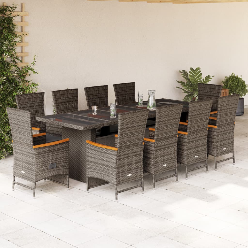 11 Pcs conjunto jantar p/ jardim c/ almofadões vime PE cinzento