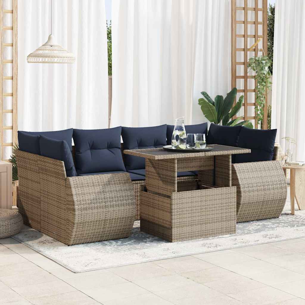 7 Pcs conjunto sofás jardim almofadões vime PE/acácia cinzento