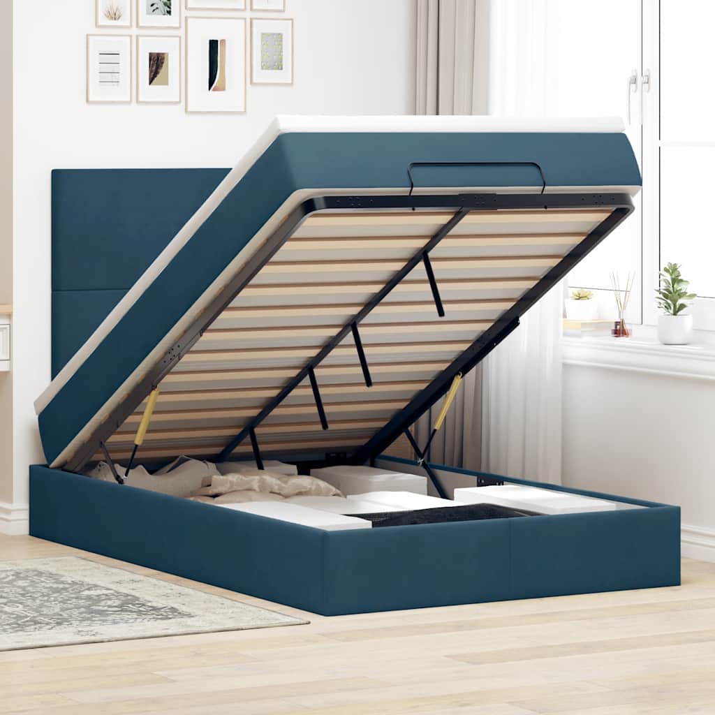 Estrutura cama otomana colchões 120x200cm veludo azul escuro
