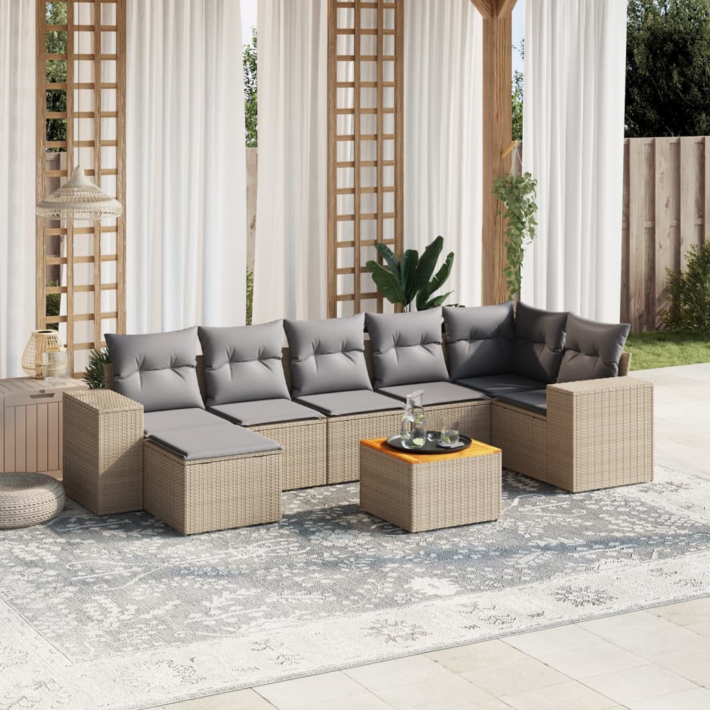 8 Pcs conjunto de sofás p/ jardim com almofadões vime PE bege