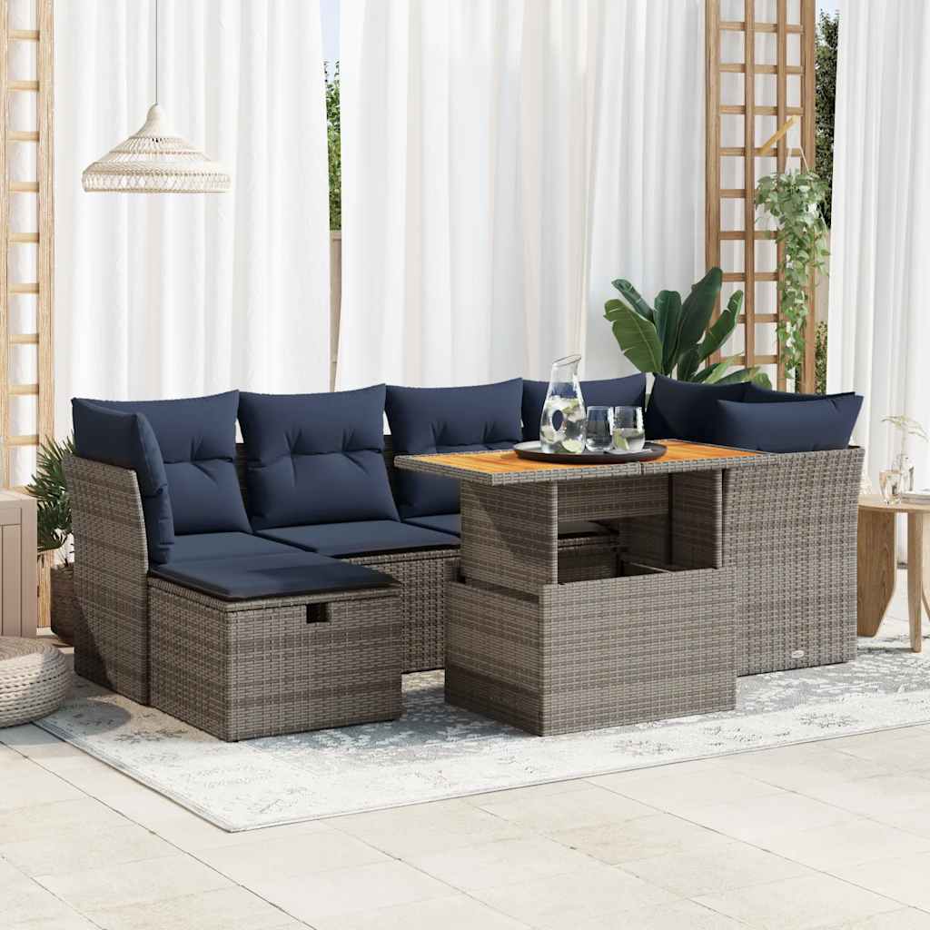 7 Pcs conjunto sofás jardim c/ almofadões vime PE/acácia preto