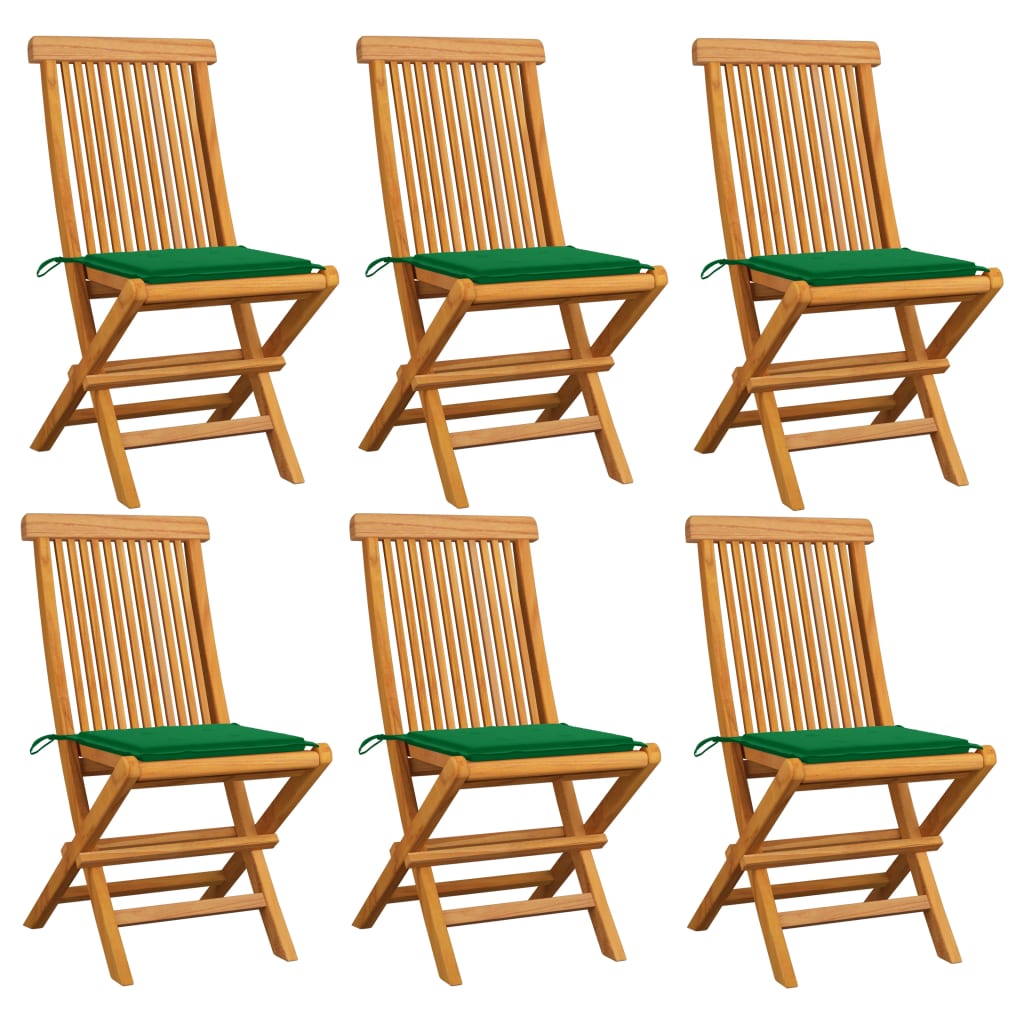 Cadeiras de jardim c/ almofadões verdes 6 pcs teca maciça