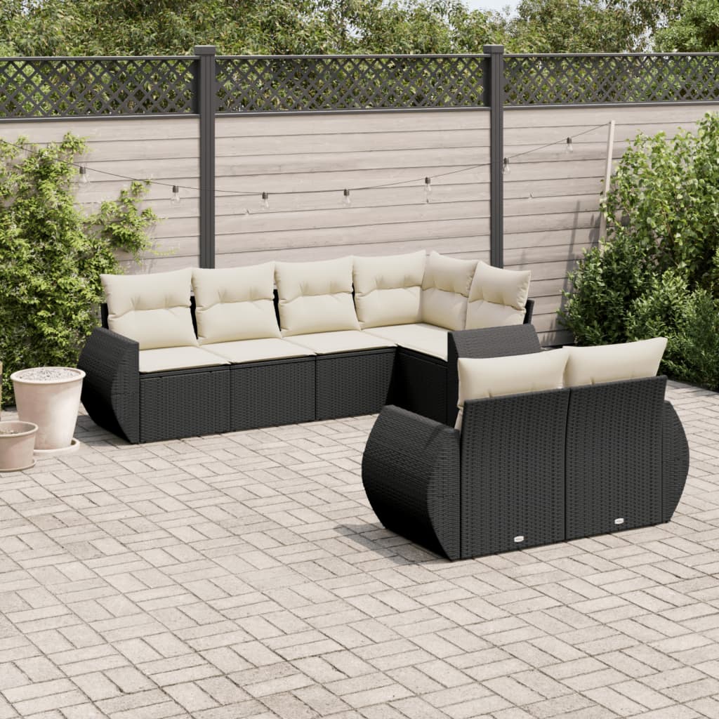 7 Pcs conjunto de sofás p/ jardim c/ almofadões vime PE preto