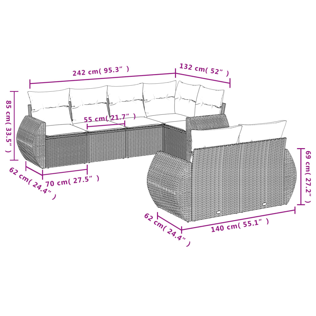 7 Pcs conjunto de sofás p/ jardim c/ almofadões vime PE preto