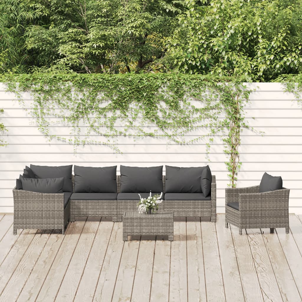8 Pcs conjunto lounge de jardim c/ almofadões vime PE cinzento