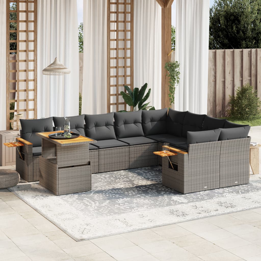 10 Pcs conjunto sofás de jardim c/ almofadões vime PE cinzento