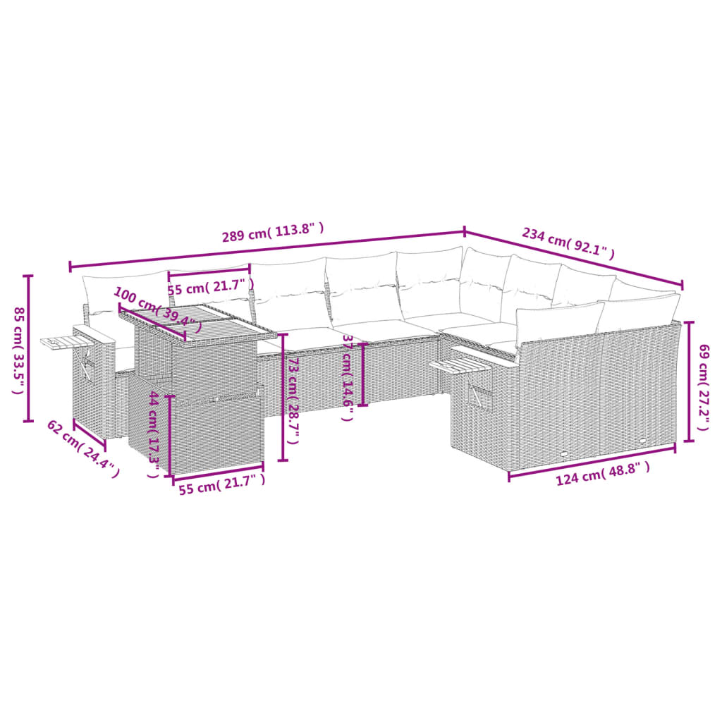 10 Pcs conjunto sofás de jardim c/ almofadões vime PE cinzento