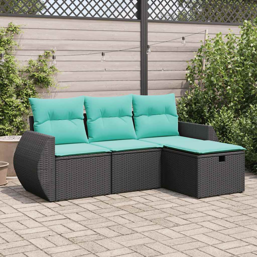 4 Pcs conjunto de sofás para jardim c/ almofadões vime PE preto