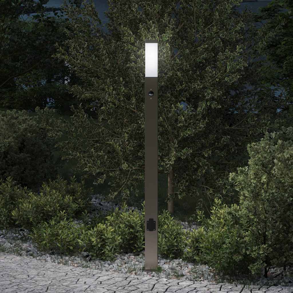 Luminária de poste com sensor e tomada, 110 cm, aço inoxidável, IP44