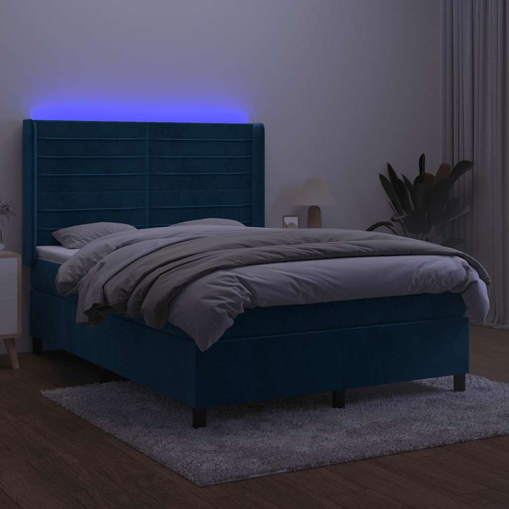 Cama box spring c/ colchão/LED 140x200 cm veludo azul-escuro