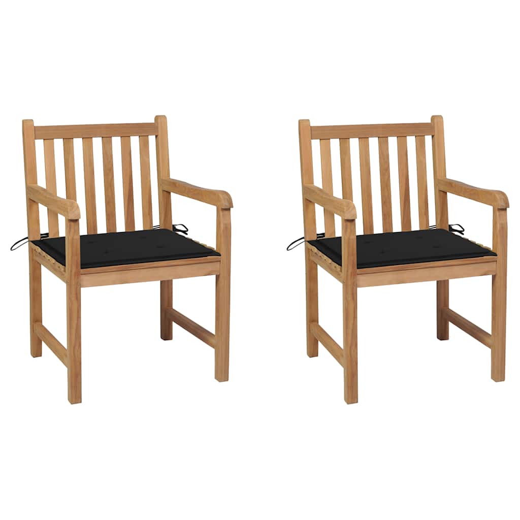 Cadeiras de jardim c/ almofadões pretos 2 pcs teca maciça