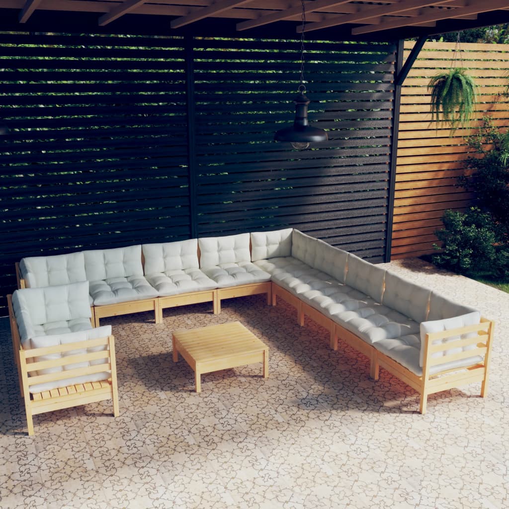 12 Pcs conjunto lounge jardim c/ almofadões creme pinho maciço