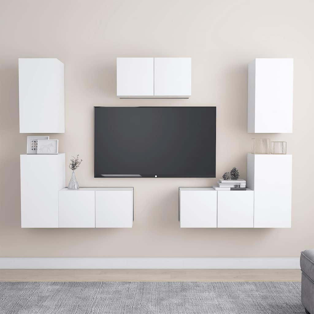 7 Pcs conjunto de móveis de TV derivados de madeira branco