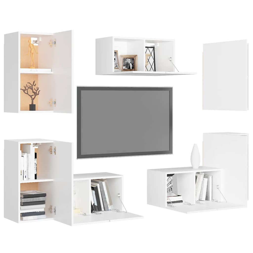 7 Pcs conjunto de móveis de TV derivados de madeira branco