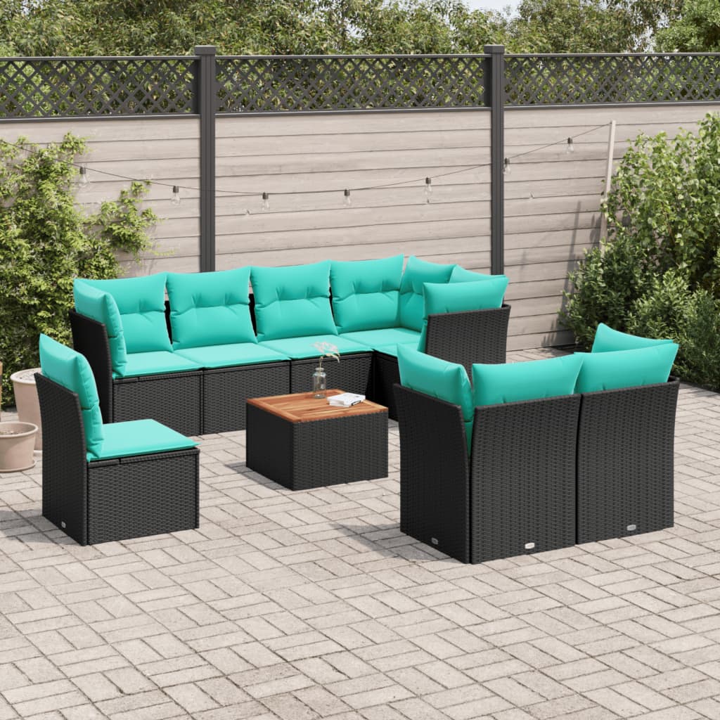 9 Pcs conjunto de sofás p/ jardim c/ almofadões vime PE preto
