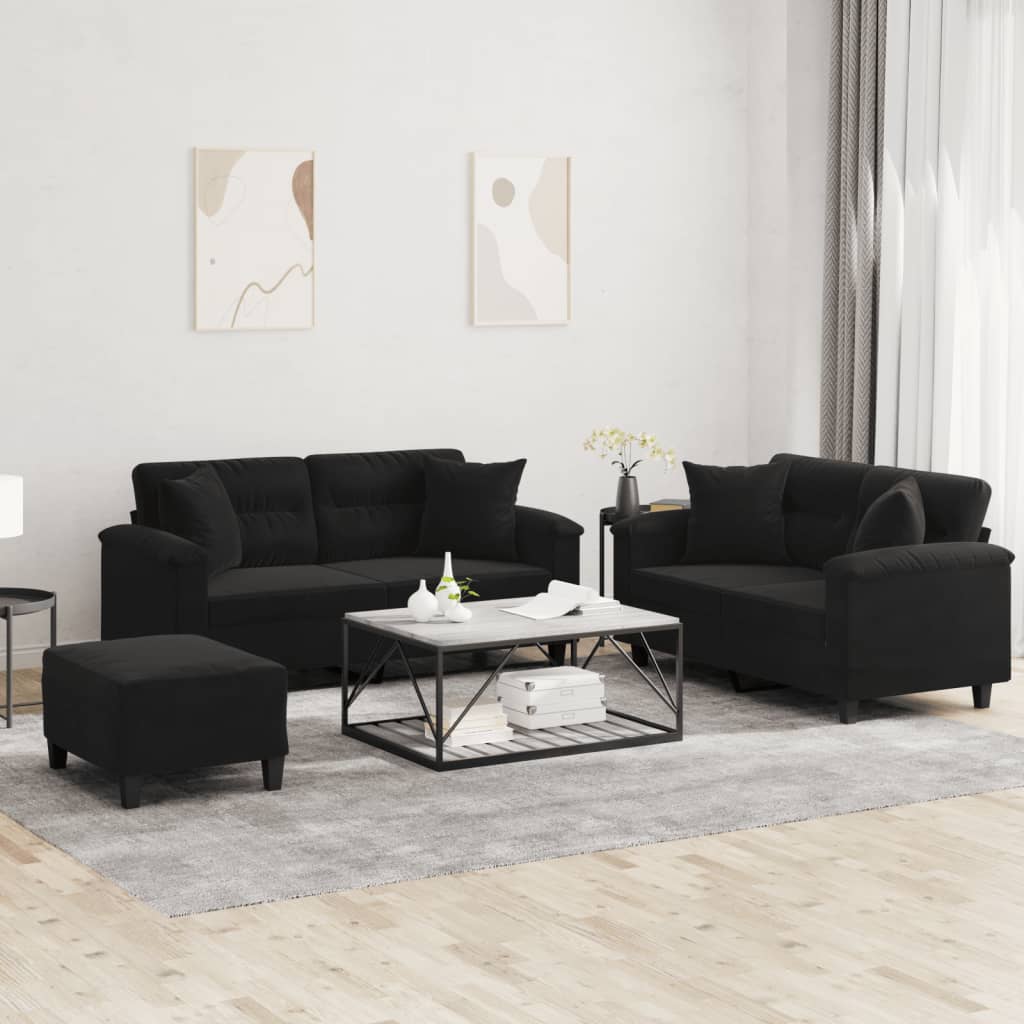 3 Pcs conjunto sofás c/ almofadas tecido de microfibra preto